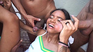 1.50m tall Brazilian indian Jasmine SANTANNA after World Cup match fucks 4 big cocks (DRY version, DP, anal, 4on1, ATM) OB099 - AnalVids screenshot